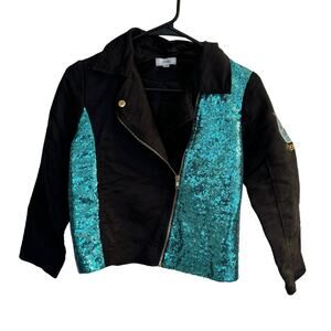 Disney Jacket Girls L Black Wickely Fierce Turquoise Sequin Faux Suede‎